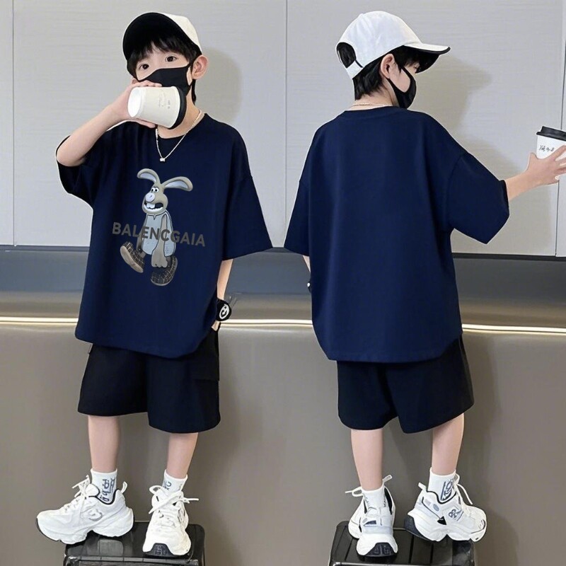 纯棉男童夏装短袖套装运动款男童时尚外穿学生版宽松短袖短裤套装