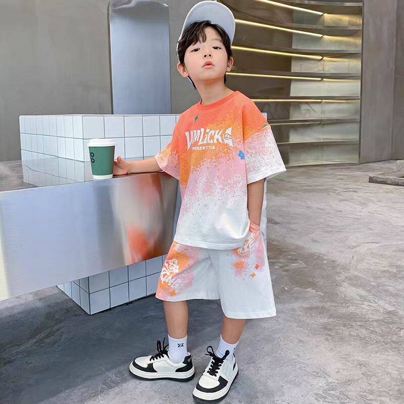 男童渐变印花套装2025新款儿童短袖T恤中大童网红帅气运动夏衣服