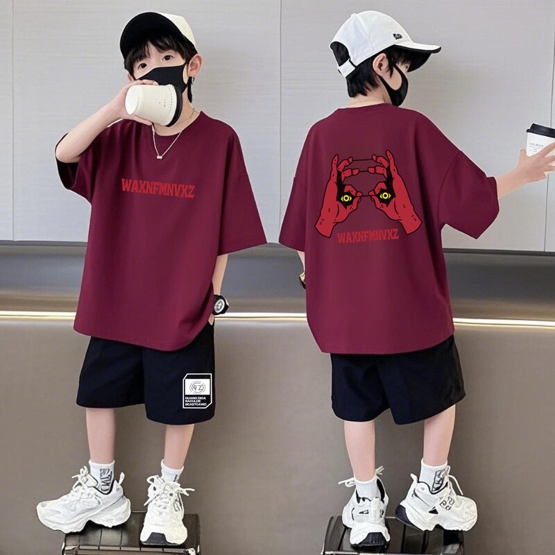 纯棉短袖短裤男童套装夏季宽松潮酷乌梅紫色两件套运动篮球球服潮