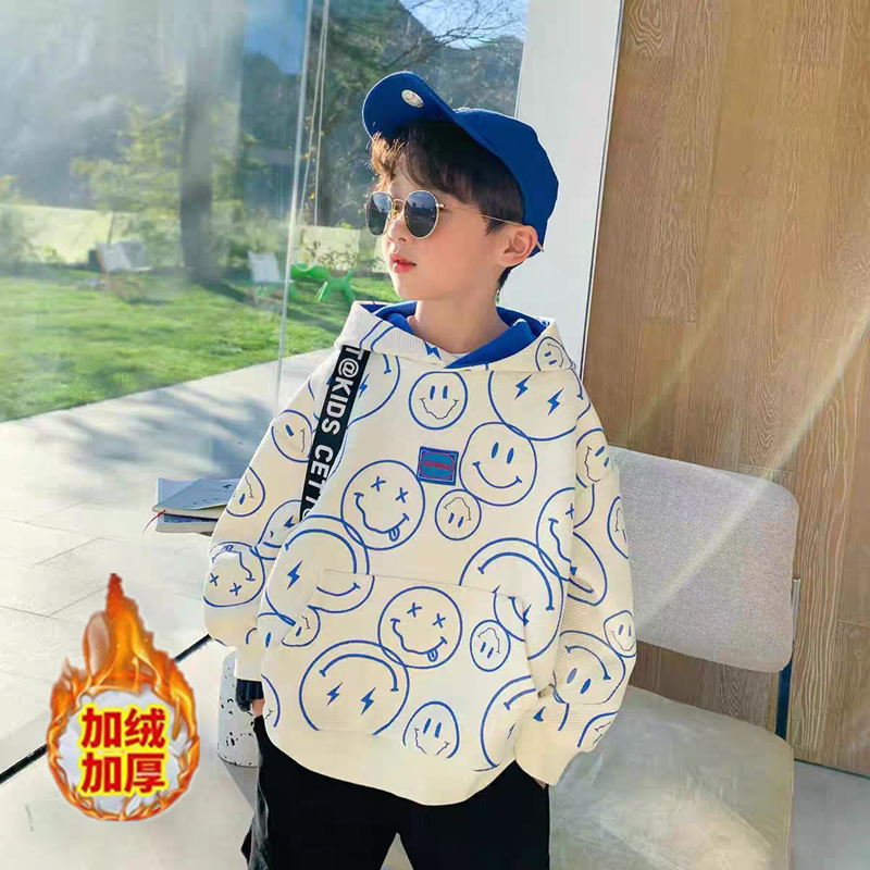 男童连帽卫衣秋冬季加绒加厚新款男孩帅气中大童宽松上衣卫衣外穿