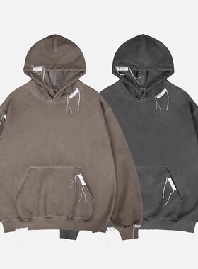 2025秋冬新款潮牌美式重磅水洗纯色简约加绒连帽卫衣男