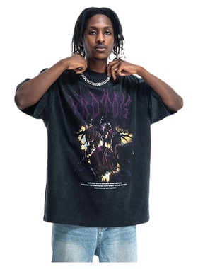 春夏国潮牌美式复古洗水风景做旧印花落肩宽松版情侣T恤潮