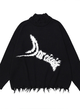 提花流苏设计破坏做旧双层领口设计半高领毛衣