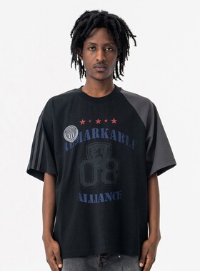 春夏新品潮牌美式复古鸳鸯插肩袖字母印花短袖T恤男