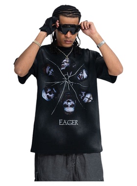 美式街潮重磅喷漆纯棉人像做旧印花男式宽松休闲短袖