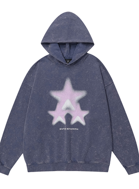 星际闪烁主题印花复古洗水做旧连帽衫