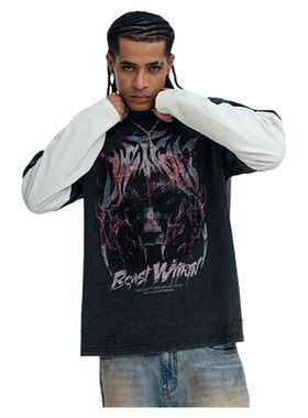 美式潮牌假两件长袖t恤男复古水洗做旧高街魔鬼印花长T