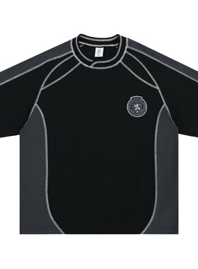 春夏新品潮牌美式复古结构拼接辑明线设计短袖T恤男