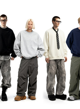 摇粒绒圆领卫衣25冬季新品美式街头纯色加绒抓绒卫衣男