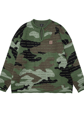 CAMOUFLAGE STYLE V-NECK WOOLLEN SWEATER 迷彩风小V领毛衣