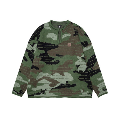 CAMOUFLAGE STYLE V-NECK WOOLLEN SWEATER 迷彩风小V领毛衣