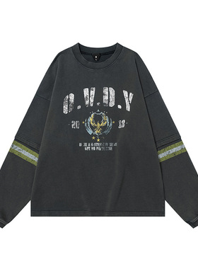 逃离混沌主题印花水洗复古做旧假两件长袖