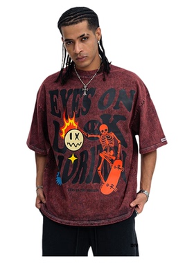 新品美式潮牌洗水复古做旧卡通字印花短袖宽松T恤男花灰色