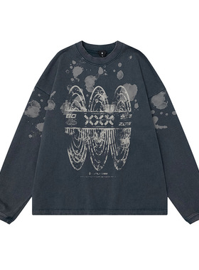 深海漩涡主题印花水洗复古做旧圆领卫衣