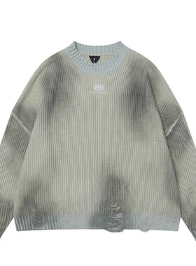 废土风刺绣破坏扯烂喷绘圆领毛衣