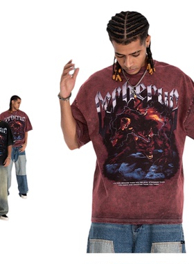 水洗重磅美式复古休闲日常T恤男女宽松落肩纯棉短袖红色