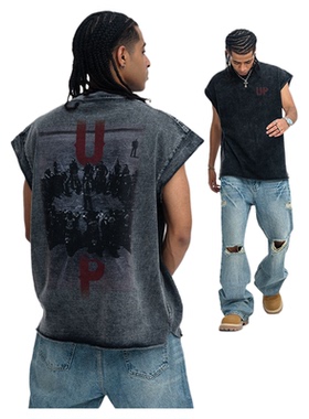 重磅运动背心男士夏季水洗做旧美式坎肩无袖t恤直喷印花