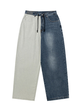 变异重组主题双面料拼接抽绳洗水做旧牛仔裤