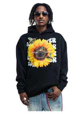 美式高街花朵向日葵印花加绒秋冬连帽卫衣潮牌宽松连帽衫