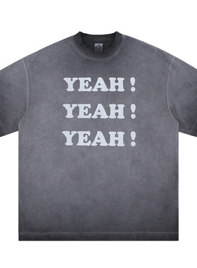 春夏新品潮牌高街水洗喷色复古字母印花圆领短袖T恤