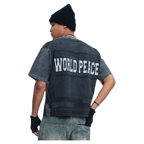 world peace美式洗水做旧短款防弹背心满印印花设计连肩一体剪裁