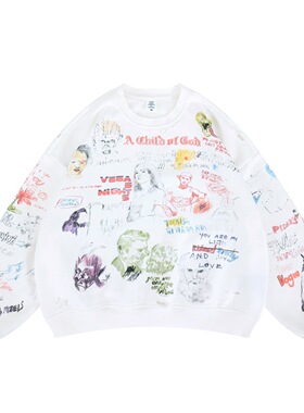 2025秋冬新款欧美潮牌高街满印涂鸦嘻哈加绒圆领卫衣男