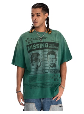 重磅街头人物印花设计感半袖男女复古水洗渐变纯棉短袖T恤