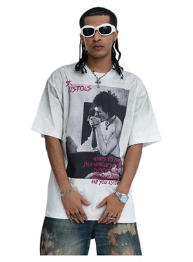 美式街潮重磅喷漆褪色纯棉300g做旧印花男式宽松休闲短袖