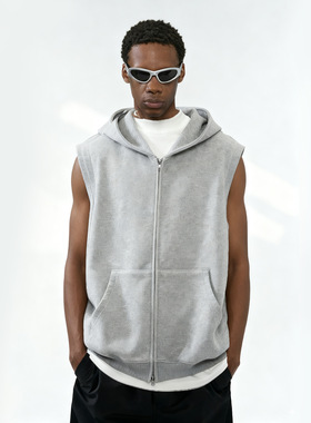 美式双头拉链卫衣马甲25秋季新品420G重磅连帽背心外套