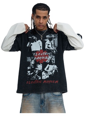 美式潮牌假两件长袖t恤男复古水洗做旧高街数字英文印花T