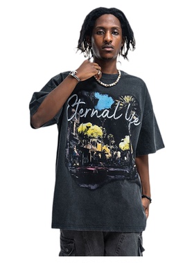 夏国潮牌美式复古洗水风景做旧印花落肩宽松版情侣T恤潮