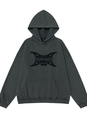 起源之地主题贴布绣水洗复古做旧连帽衫