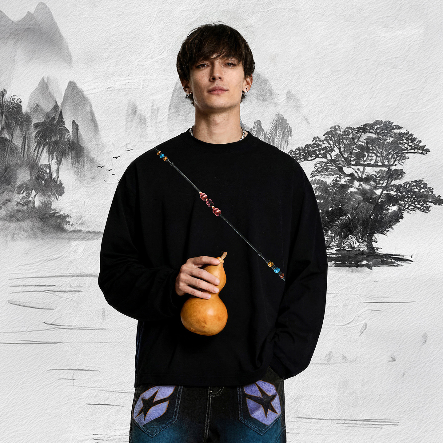 逍遥葫芦长袖T恤25秋季新品珠串渐变葫芦印花圆领上衣