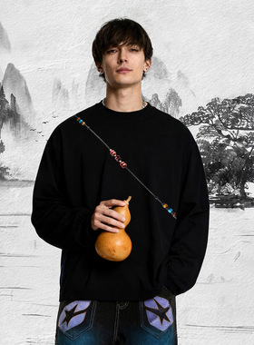 逍遥葫芦长袖T恤25秋季新品珠串渐变葫芦印花圆领上衣