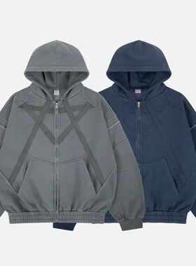 2025秋冬新款美式潮牌重工水洗刺绣加绒开衫拉链连帽卫衣