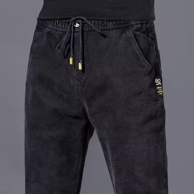 牛仔裤男款松紧腰直筒修身春秋冬季加绒加厚保暖工装休闲长裤子男