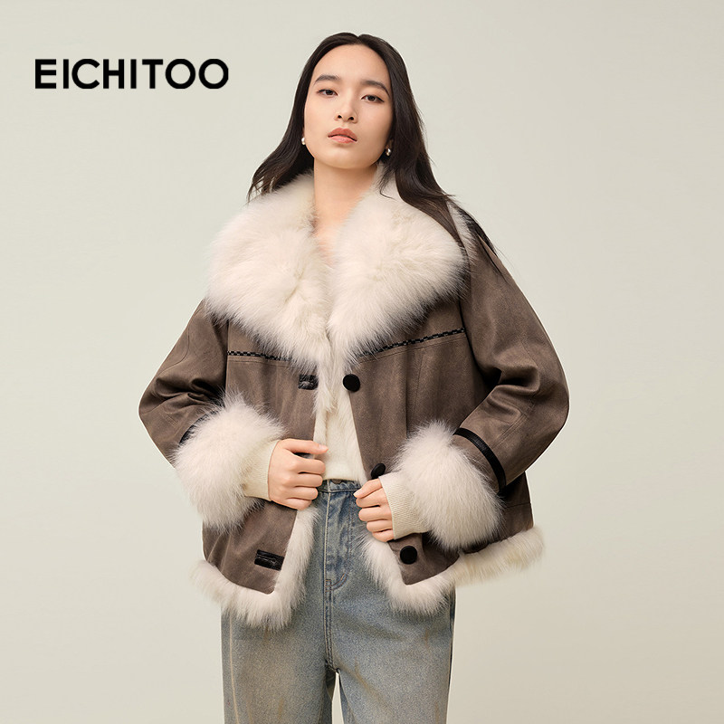 爱居兔麂皮拼接狐狸毛皮草2025年冬季新款复古优雅冬夹克外套