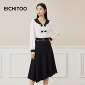 爱居兔春新撞色翻领蝴蝶结胸针长袖 衬衫