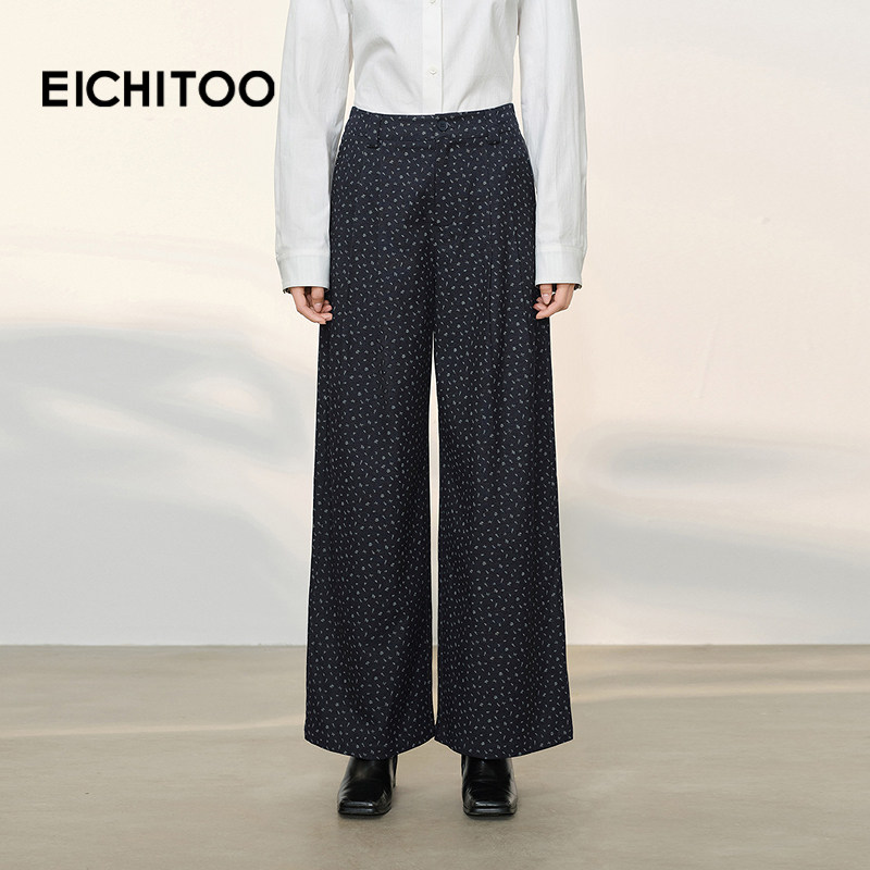 爱居兔藏青色满印休闲裤2026年春季新款女遮肉显瘦舒适阔腿长裤,女装/女士精品,休闲裤,淘宝优惠券,粉丝福利购,淘宝优惠卷