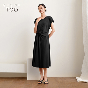 爱居兔全棉扭结连衣裙2025年夏季新款收腰显瘦简洁深灰长裙a字裙