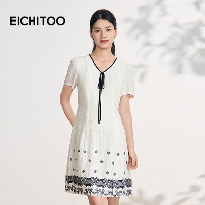 爱居兔亚麻混纺民族风连衣裙2026年夏季新款女浪漫优雅凉爽短袖裙