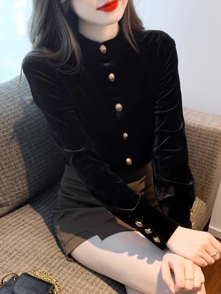 黑色丝绒衬衫女2025春秋新款设计感金属扣时尚气质减龄小立领衬衣