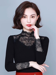 半高领蕾丝底衬衫的女性夏季2025新风格大尺寸修身休闲黑色内上衣