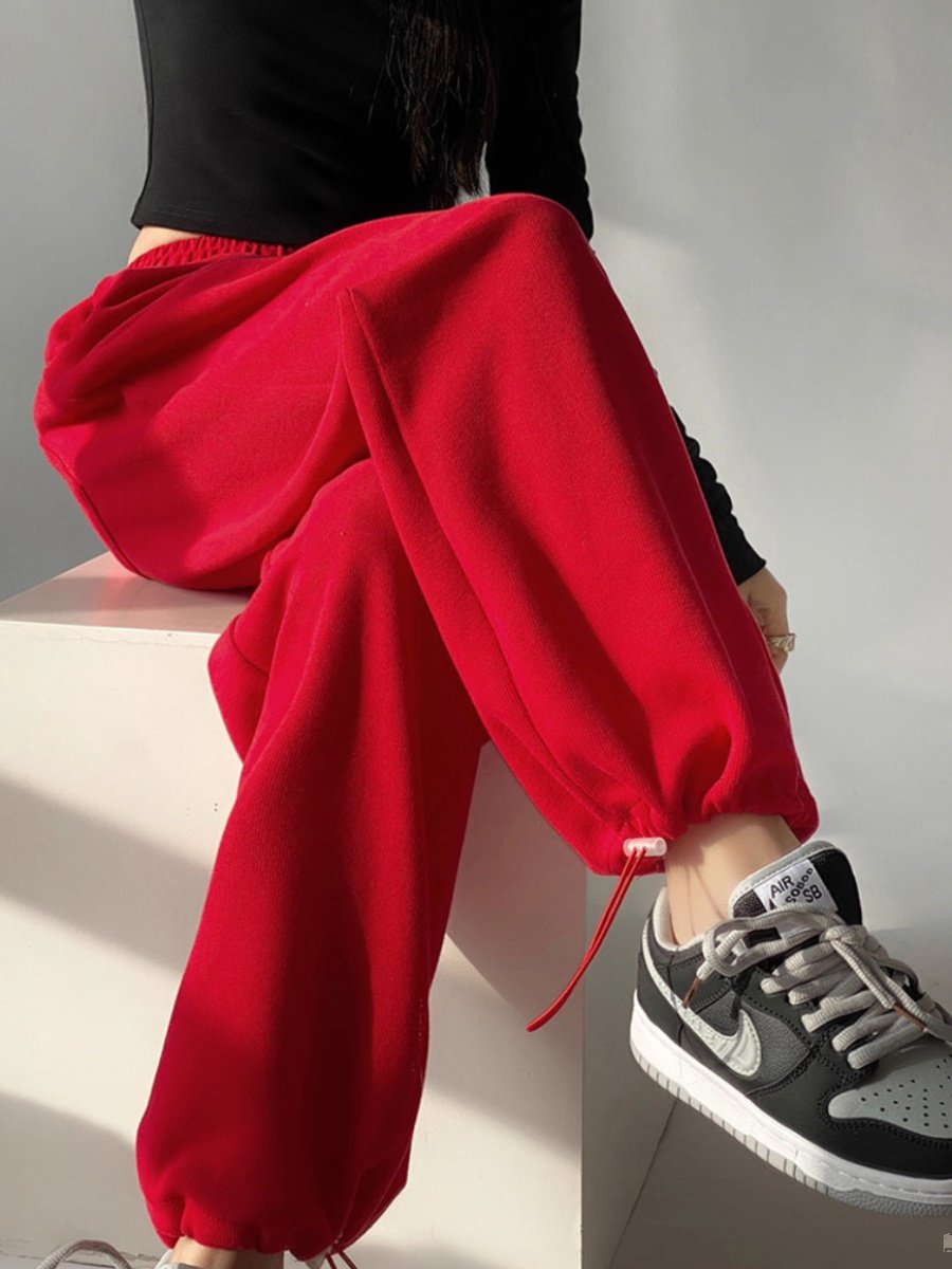 红色束脚运动裤女2025夏季新款美式炸街直筒卫裤高腰宽松休闲长裤