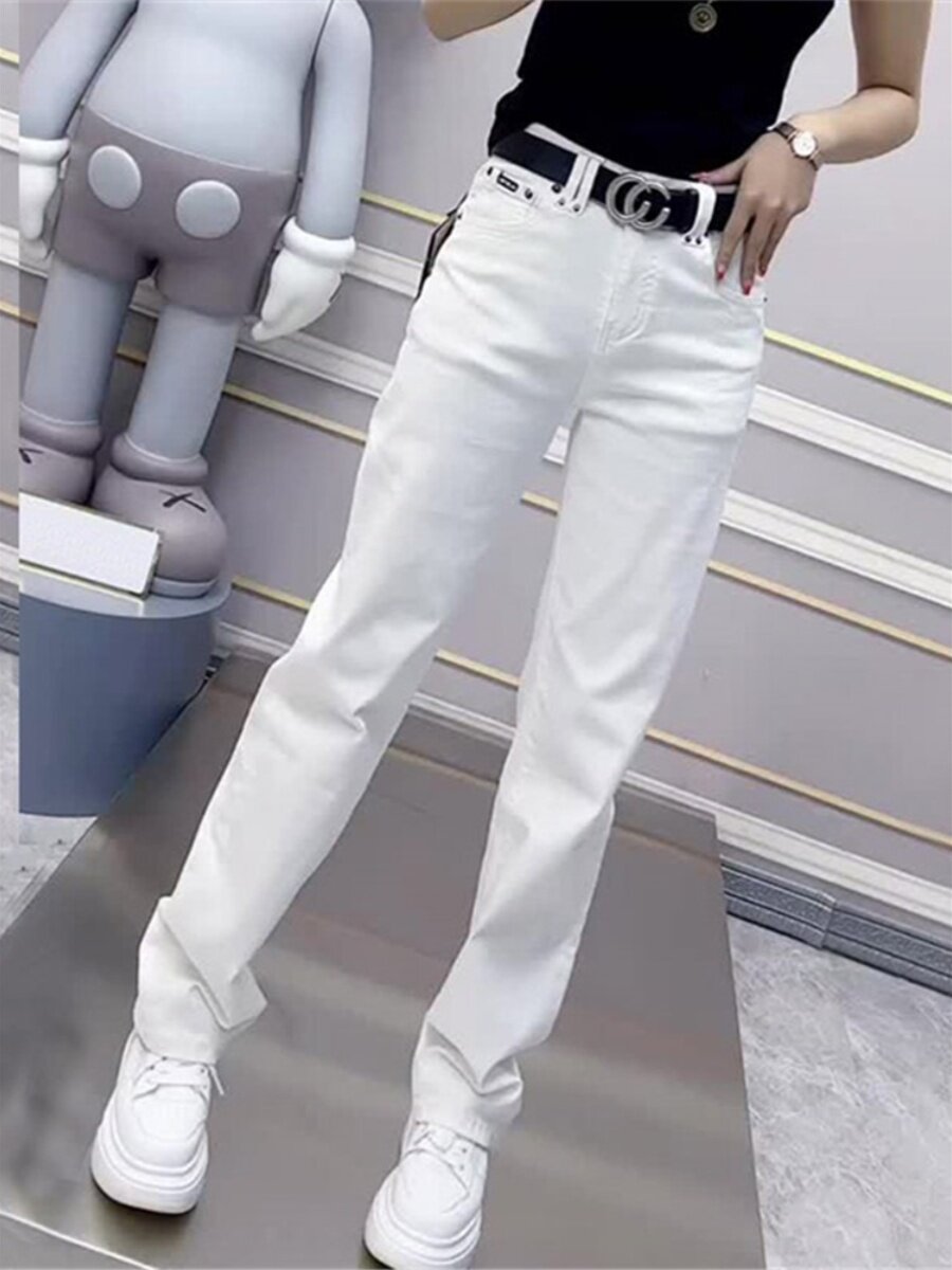 白色直筒牛仔裤女春季2025新款薄款弹力高腰大码胖mm显瘦烟管裤潮