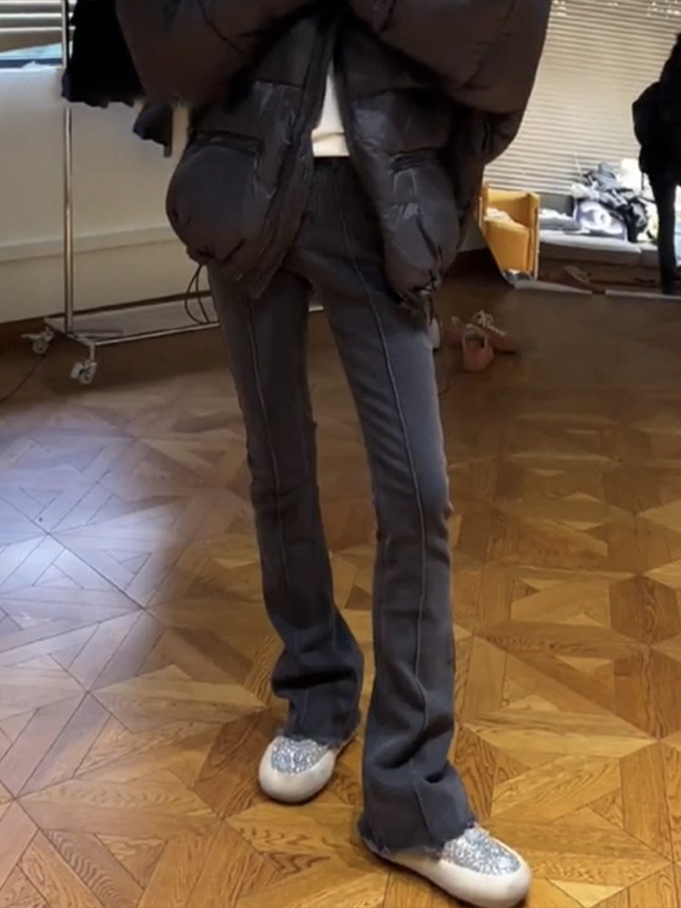 小个子微喇叭牛仔裤女2024秋冬新款高腰加绒马蹄裤弹力紧身拖地裤