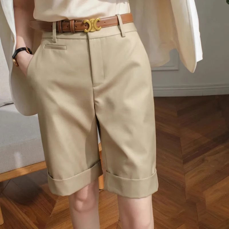 卡其色西装短裤女夏季新款小个子高腰宽松显瘦直筒裤卷边五分中裤