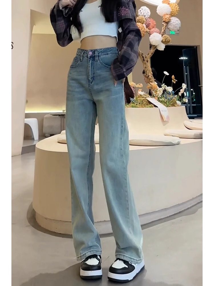 浅蓝色窄版牛仔裤女2025夏装新款高腰显瘦直筒裤小个子显高阔腿裤