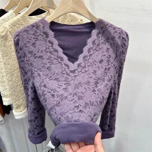 钩花镂空小衫 时尚 磨毛V1221k1 紫色加加厚蕾丝新款 秋冬女打底衫