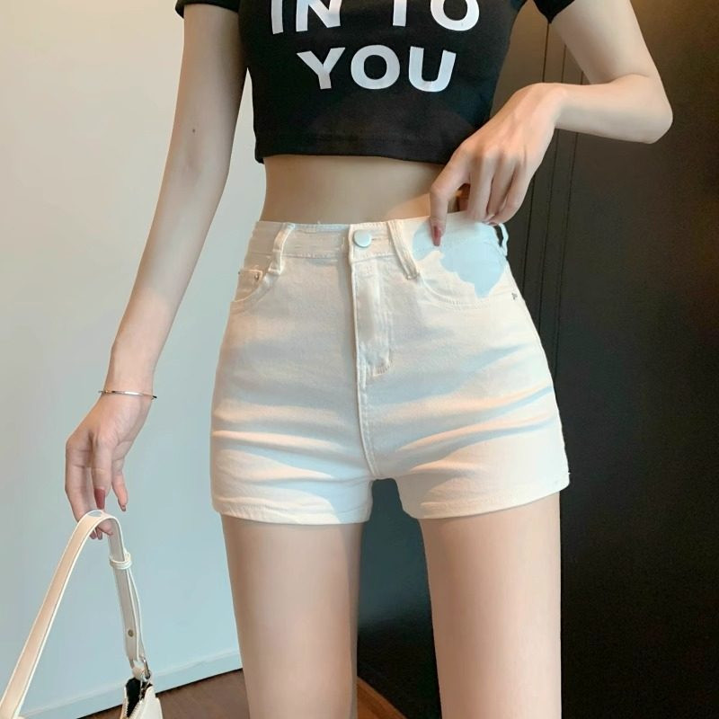 白色牛仔短裤女春薄款高腰弹力打底裤小个子辣妹性感包臀a字热裤